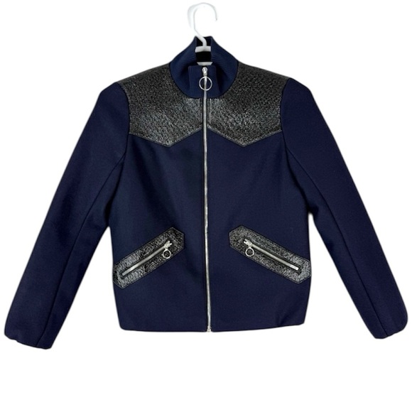 Maje Navy & Black Virgin Wool Blend Bomber Jacket Size 38 (US 6) - Picture 1 of 13